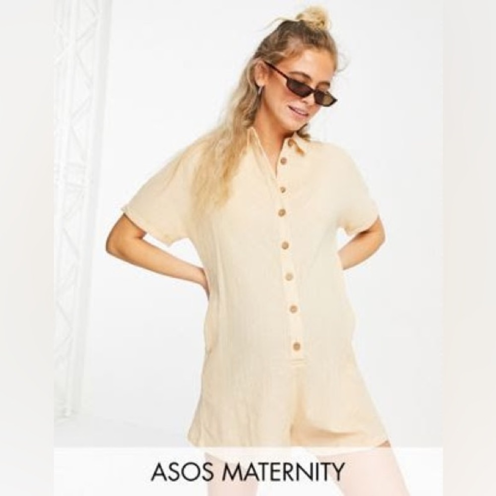 Asos Design Maternity button up romper in stone